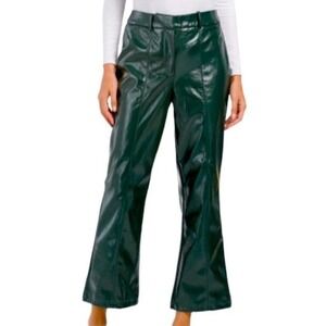 7 For All Mankind Faux Leather Wide Leg Cropped Pants Hunter Green Fleece Lined‎